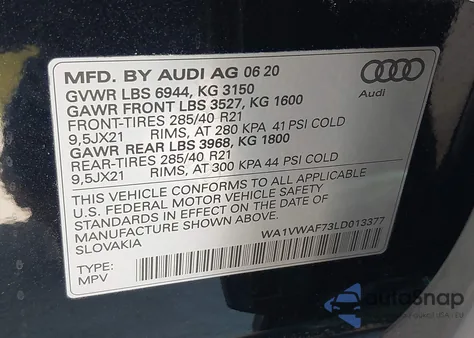 2020 Audi Sq7 Prestige Tfsi Quattro Tiptronic из США, поврежденный, VIN WA1VWAF73LD013377